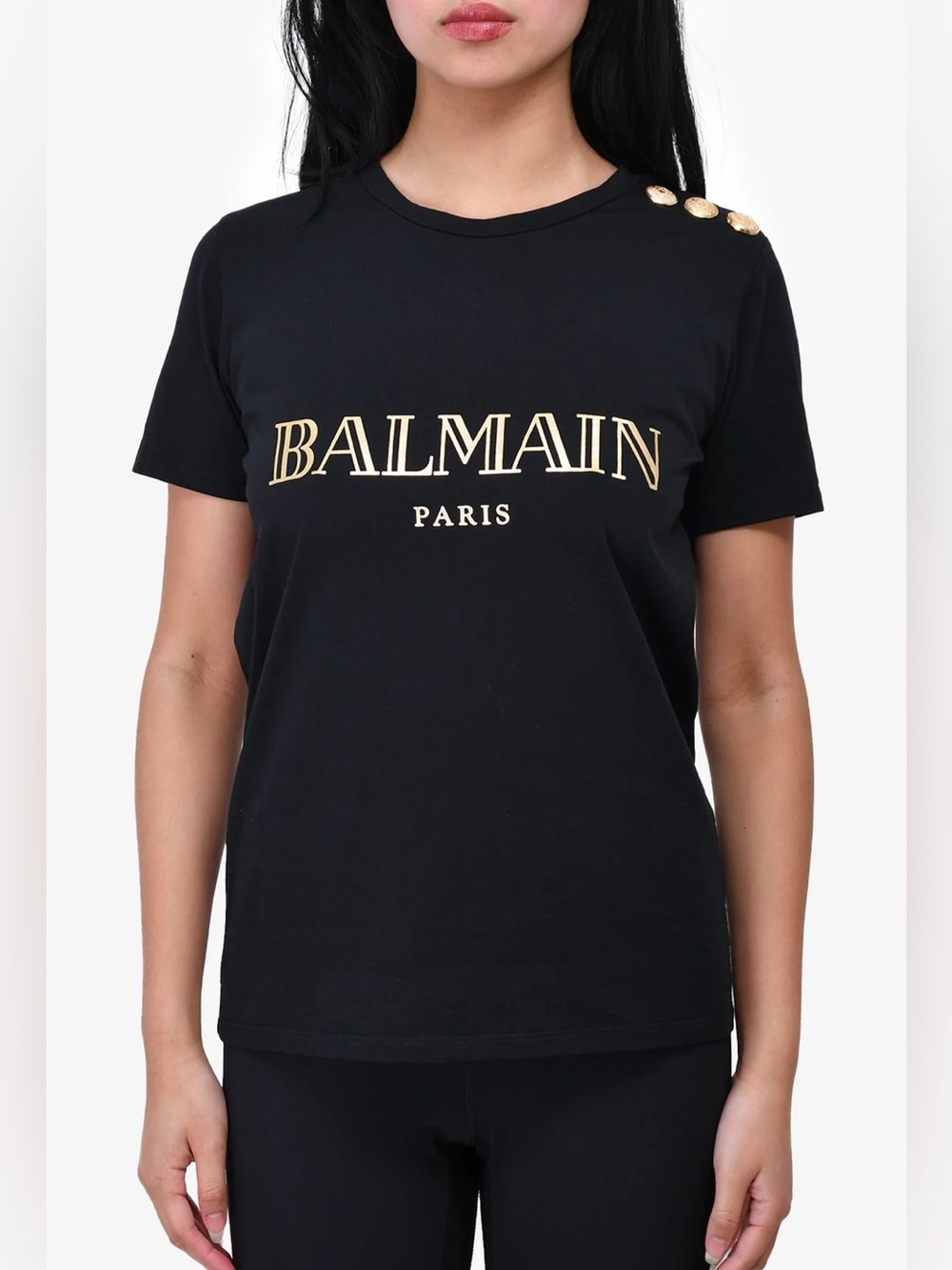 Balmain Black Tee with Gold Logo and Shoulder Buttons
